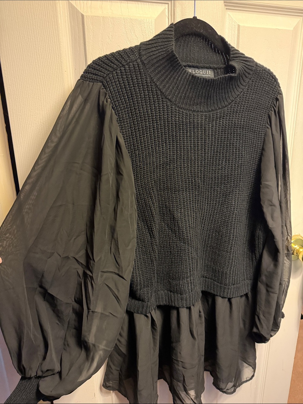 Eloquii Black Mixed-Fabric Turtleneck Sweater with Sheer Balloon Sleeves